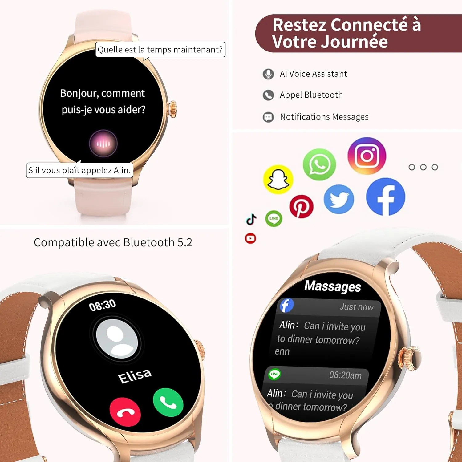 Montre Connectée Femme Élégante Bracelet Cuir – Image 3